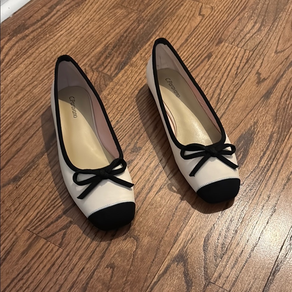 C. Paravano Women's White and Black Ballet Flats